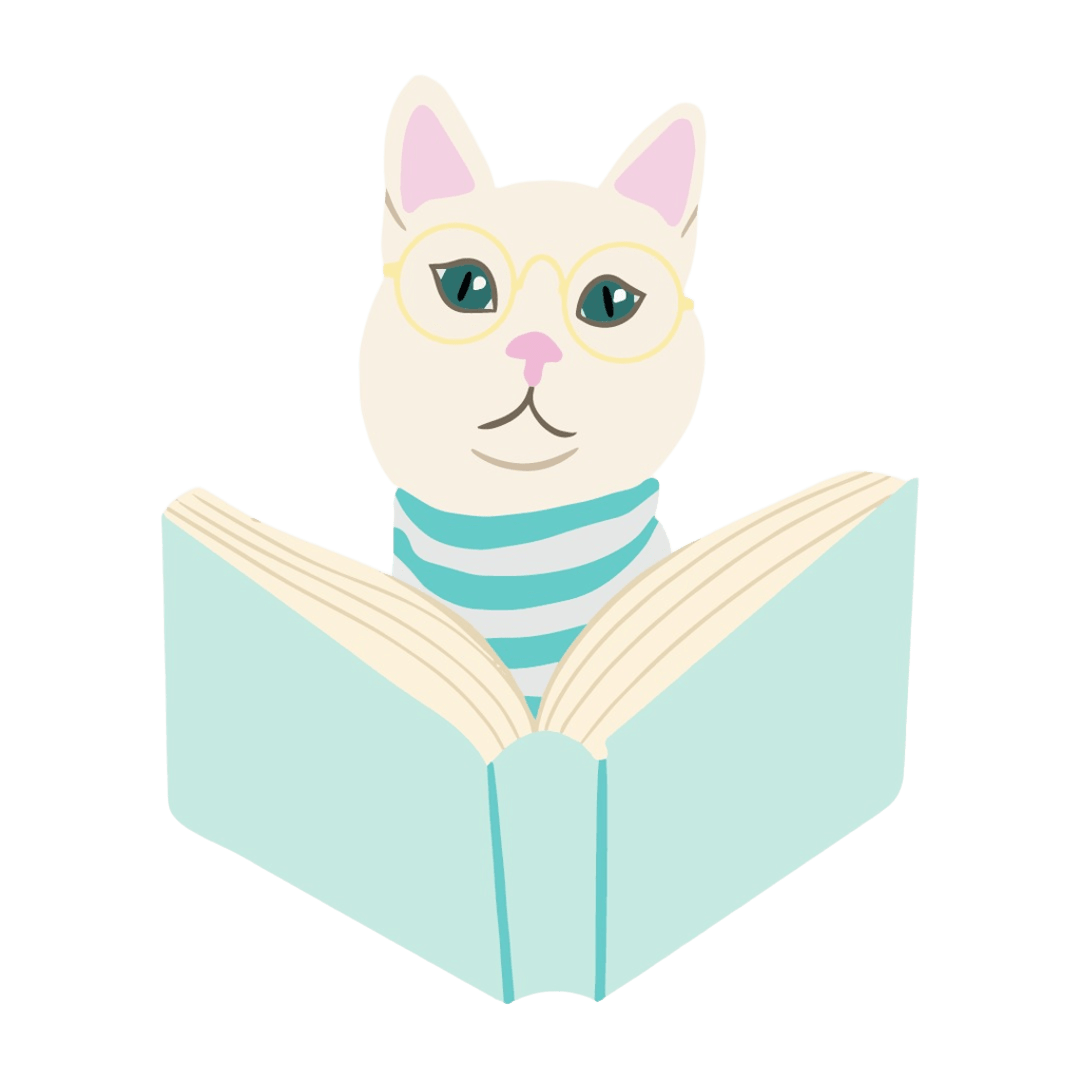 Gatito de MedFilia con lentes, leyendo un libro